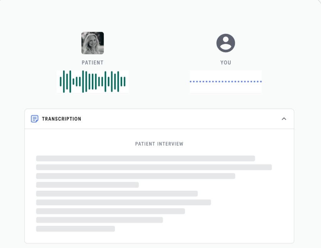 PACES-AI consultation interface with patient and clinician audio waveforms and live transcription
