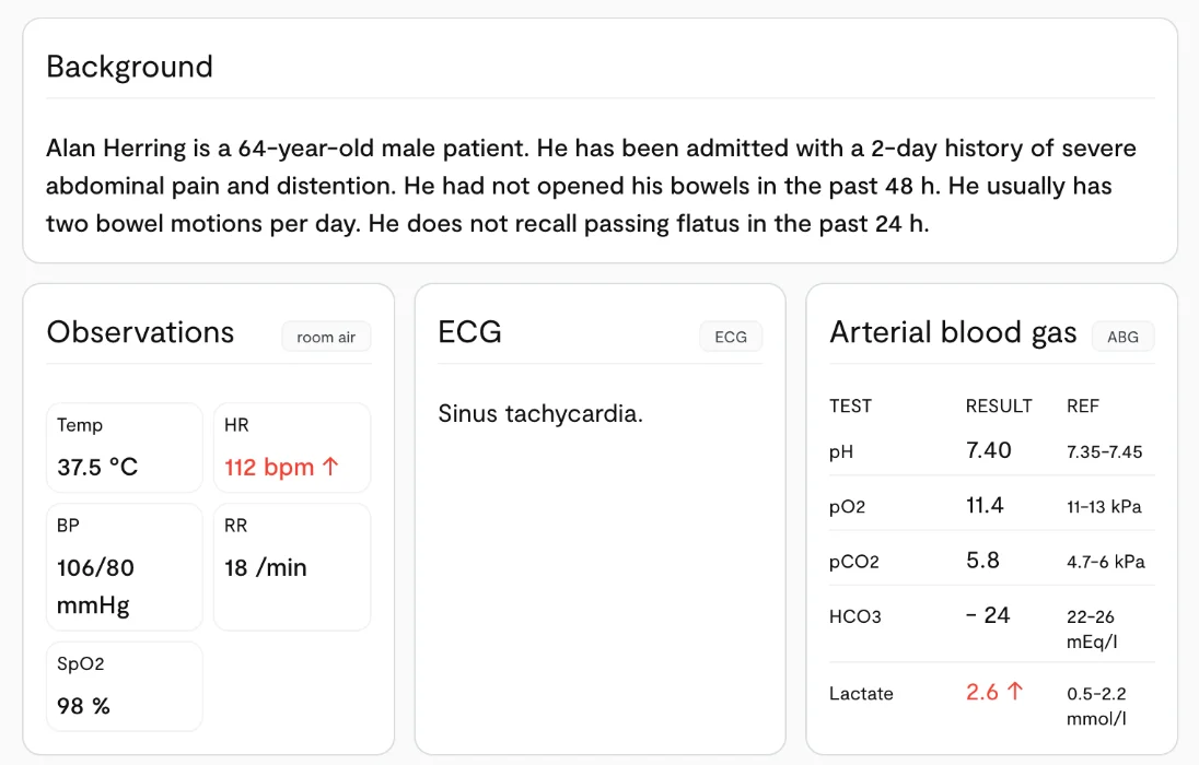 OSCE AI blood results and observations interpretation screen